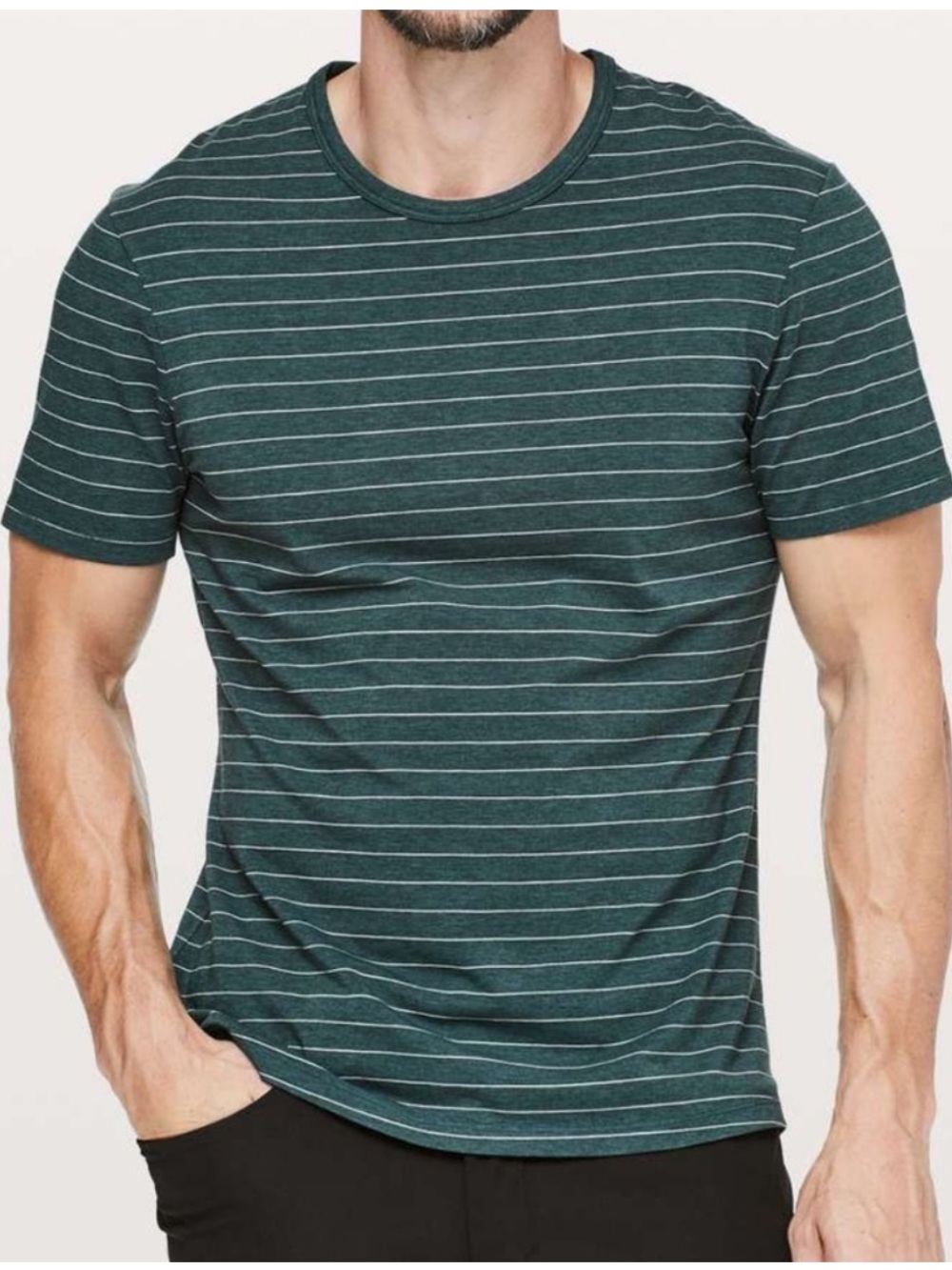 Lululemon 5 Year Basic Tee Short Serve Stripe Heathered Royal Emerald Green-XL